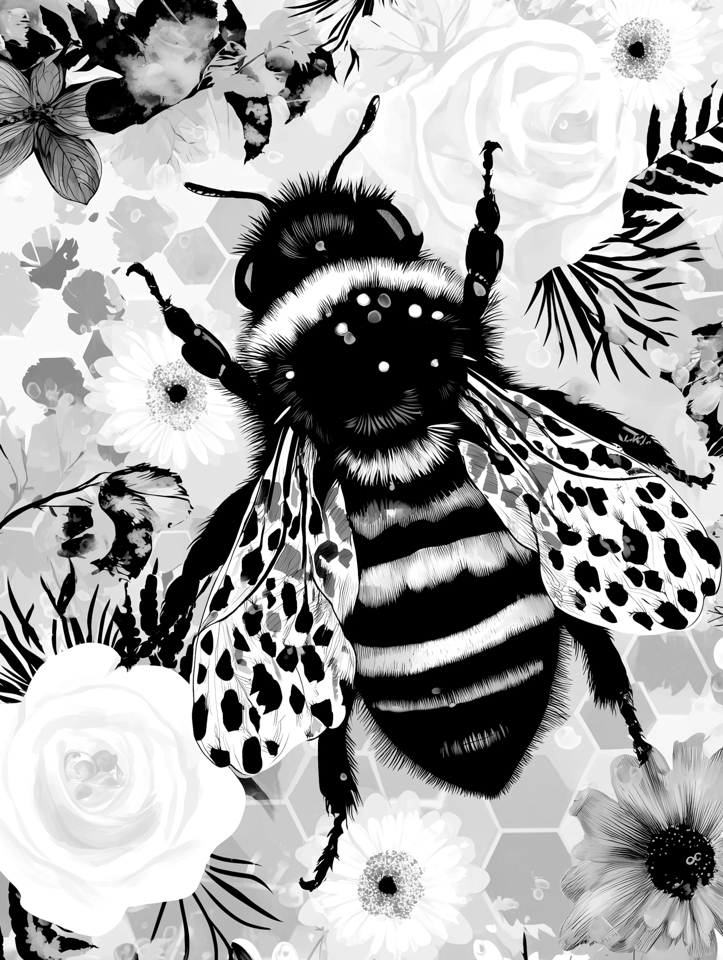 Free printable bee coloring page for adults featuring dots on wings bee